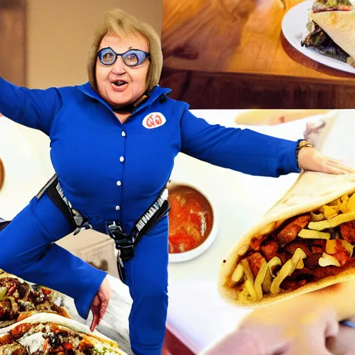 Prompt: lidia bastianich skydiving while eating a burrito