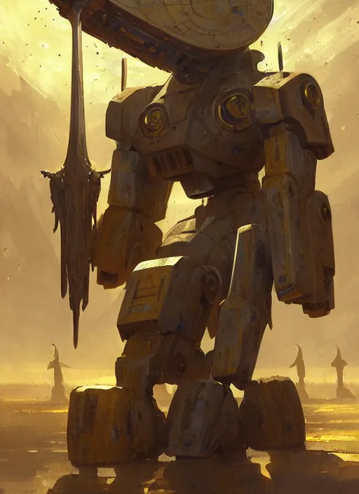 Image similar to tall strong intricate yellow pit droid holding large paladin medieval shield!!! and a long medieval engraved powerful great sword, pancake short large head painterly humanoid mecha, beautiful fantasy background by Greg Rutkowski