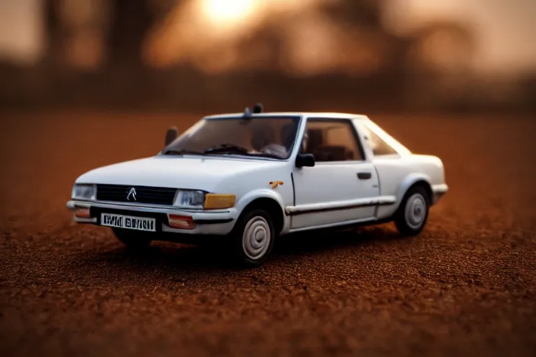 Image similar to a small miniature of a Peugeot 309 Vital on a white table near a vase with a plant at sunset, 3d render, unreal engine 5, octane render, 4k, low contrast, ray tracing, serene landscape, calm, relaxing, beautiful landscape, highly detailed, high quality, product photo, hyperrealistic, concept art, symmetrical, centered, godrays