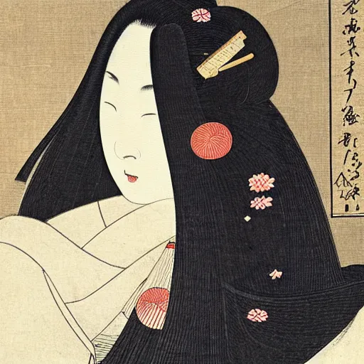 Prompt: by uemura shoen medieval, biopunk relaxed, exciting. painting. a beautiful illustration of a young girl with long flowing hair, looking up at the stars. she appears to be dreaming or lost in thought.