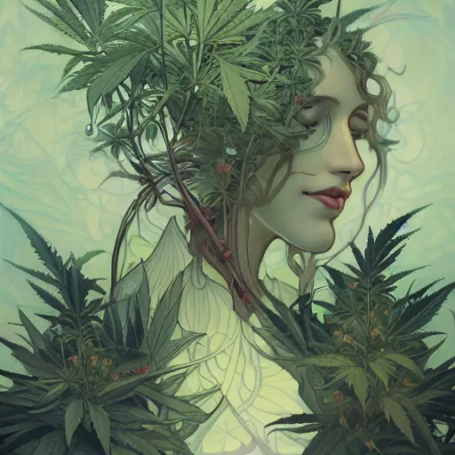 Image similar to a cannabis plant, bio vegetal concept art, by Peter Mohrbacher and Alphonse Mucha, chess, amazonia, detailed, style, 8k, trending on artstation, unreal engine 4k, detailed, clean background trending, full shot, symmetrical portrait, sophisticated, Unreal engine, dystopia, anti-utopia, post processing, psychadelic