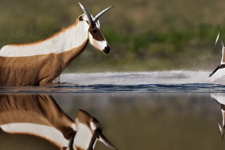 Image similar to ultra realistic nature photography, panoramic picture of ( subject : a beisa oryx drinking at a water hole ). wavy, scattered light entering from the water surface, artstation, focus on the beisa oryx, extremely hyperrealistic crisply sharp oryx, 8 k