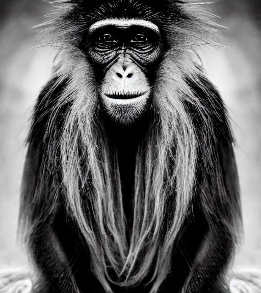 Image similar to Award winning Editorial photograph of Early-medieval Scandinavian Folk monkey with incredible hair and fierce hyper-detailed eyes by Lee Jeffries, 85mm ND 4, perfect lighting, wearing traditional garb, With huge sharp jagged Tusks and sharp horns, gelatin silver process