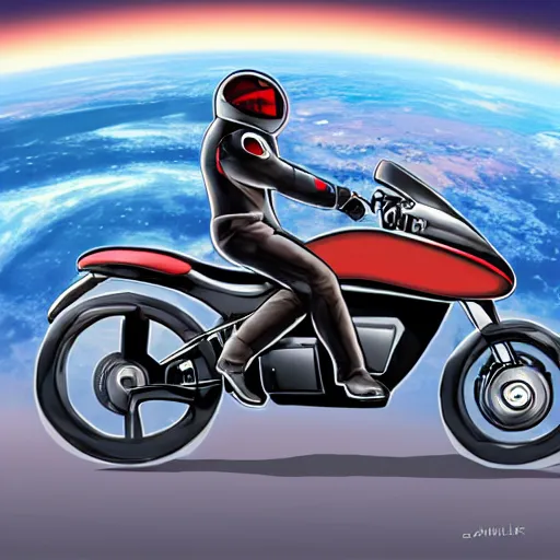 Image similar to elon musk riding motorcycle in space, digital art