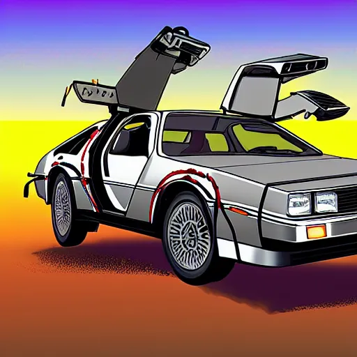 Prompt: a rusty delorean in the style of madd maxx with attached weapons