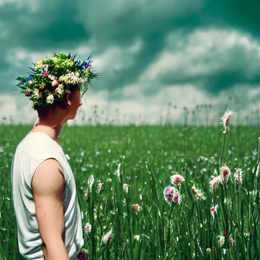 Prompt: revolog volvox photograph of a skinny blonde guy standing in a field of flowers, flower crown, back view, grain, moody lighting, telephoto, 9 0 s vibe, blurry background, vaporwave colors!, faded!,