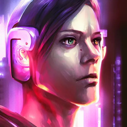 Prompt: cyberpunk character portrait in the style of thomas river and artgerm, lean face, cinematic lighting, sci - fi background, watercolor, low detail