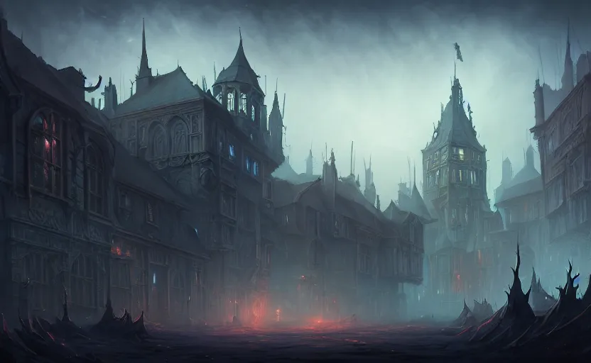 Image similar to extreme long shot concept art depicted old english majestic town, dramatic mood, overcast mood, dark fantasy environment, detailpunk, art inspired by league of legends and arcane, style by jason engle and jordan grimmer, trending on artstation, unreal engine, golden ratio, spectacular composition, realistic architecture