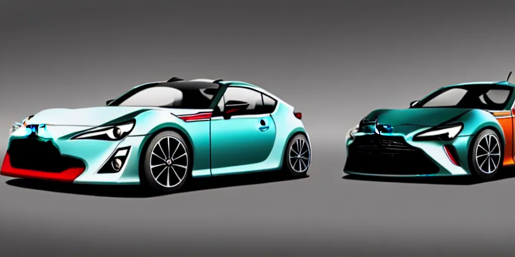 Image similar to merge the designs of Toyota gt86 2015 and Aston Martin 2022 as one car. No background, concept art style.