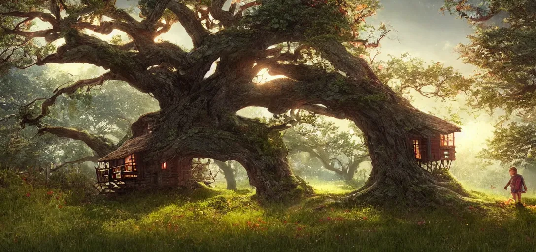 Image similar to Kid with red radioflyer standing in front of beautiful tree house in an old oak tree on a beautiful meadow with flowers, dramatic lighting, cinematic, establishing shot, extremly high detail, photo realistic, cinematic lighting, post processed, concept art, artstation, matte painting, style by eddie mendoza, raphael lacoste, alex ross