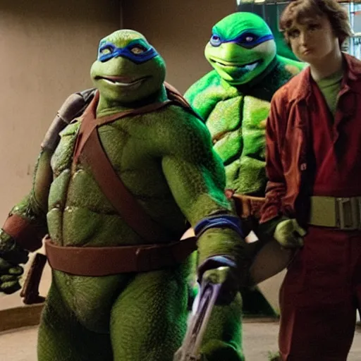 Image similar to movie still of Teenage Mutant Ninja Turtles in The Shining