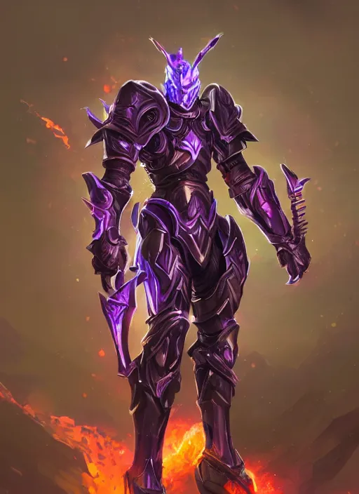 Image similar to a highly detailed illustration of fantasy cyber knight with machine gun arms, with flaming plume, rigid bulky armor, purple glowing core in armor, dramatic standing pose, intricate, elegant, highly detailed, centered, digital painting, artstation, concept art, smooth, sharp focus, league of legends concept art, WLOP