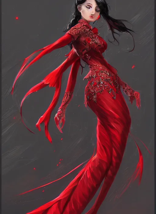 Image similar to a highly detailed illustration of beautiful hime cut black haired tall woman wearing red dress, dramatic smiling pose, intricate, elegant, highly detailed, centered, digital painting, artstation, concept art, smooth, sharp focus, league of legends concept art, wlop