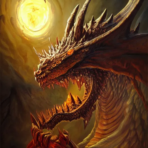 Prompt: oil painting of dragon, dnd character, fantasy, realistic textured skin, portrait, wolf head, glowing eyes, sharp focus, artgem, boris valejo, frank frazetta, heavy metal style, trending on artstation, digital painting, julie bell, beautiful, very detailed,