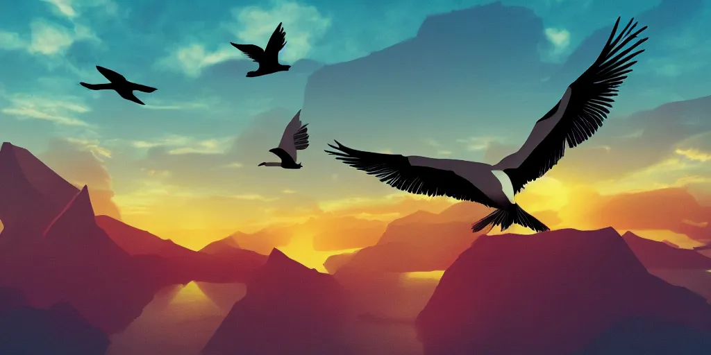 Prompt: large birds with giant wings flying over tropical islands with mountains and sunset sky, HD, 4K, digital art style