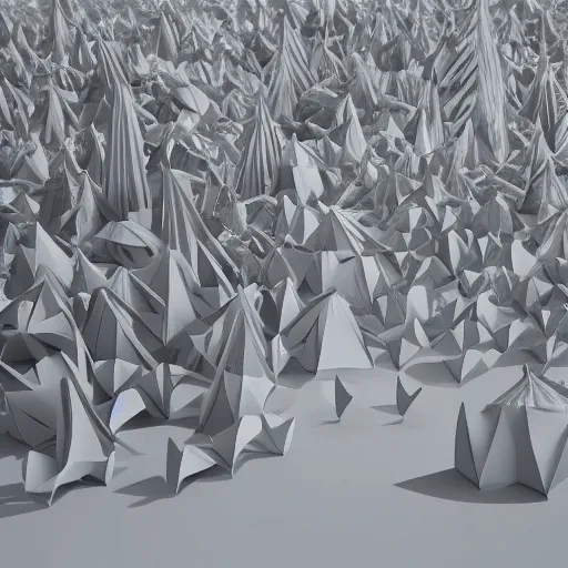 Image similar to origami forest in white paper, 3 d render, ultra - detailed, on white background, studio shot