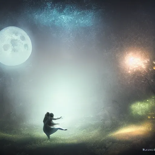 Prompt: the moonlit dance of the fae by marcel caram and elena vizerskaya, impresion de giclee arte abstracto, fantasy space, 8 k, award winning, atmospheric, artstation, volumetric lighting