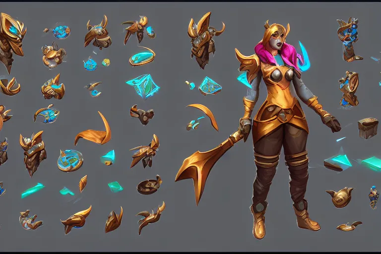 Image similar to Concept art of the new League of Legends Champion, Isometric, Digital Painting, Trending on Artstation, Character Reference Sheet