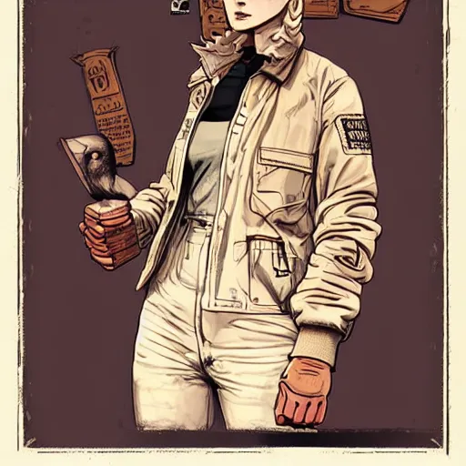 Image similar to tattooed stoic heroic emotionless dirty butch blonde woman mechanic with very short slicked - back hair, wearing dark - lensed victorian goggles, wearing distressed dirty ripped flight suit, moebius, rough paper, smooth median photoshop filter cutout vector, behance hd by jesper ejsing, by rhads, makoto shinkai and ron cobb.