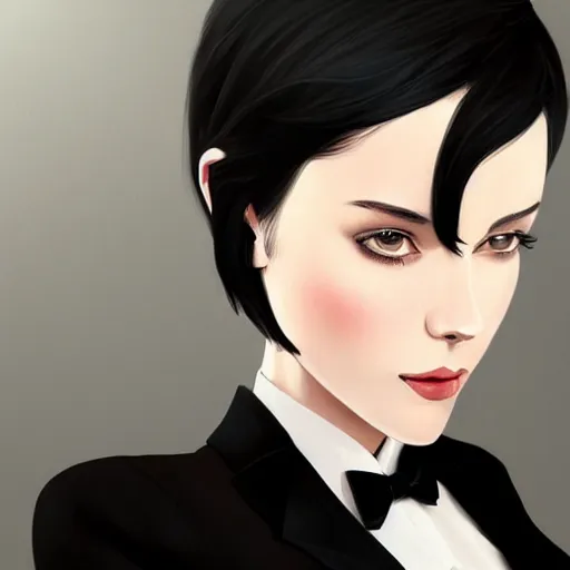 Image similar to slim girl in tuxedo with short black hair, elegant, 2d, ultra highly detailed, digital painting, smooth, sharp focus, artstation, portrait art by Ilya Kuvshinov