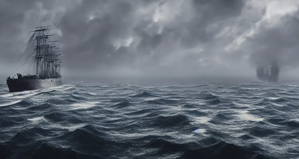 Image similar to giant sailing battleship with ten sails, raging sea foggy, dramatic, action scene, stormy background, shipfleet on the horizon, high detail, unreal engine, octane render, 8 k high definition, photorealistic