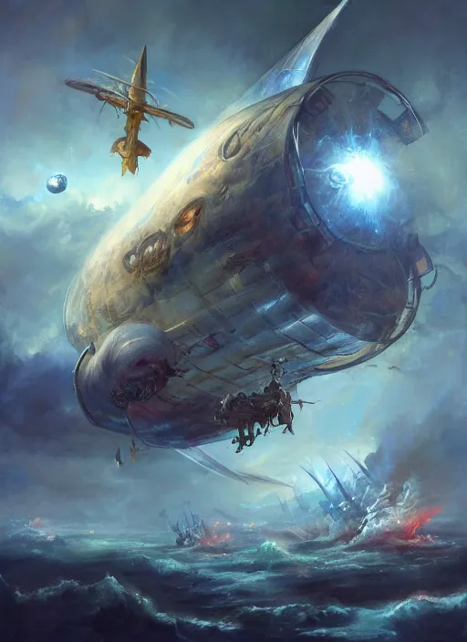 Prompt: necro airship pirate ships soaring in a cosmic spender painted by raymond swanland