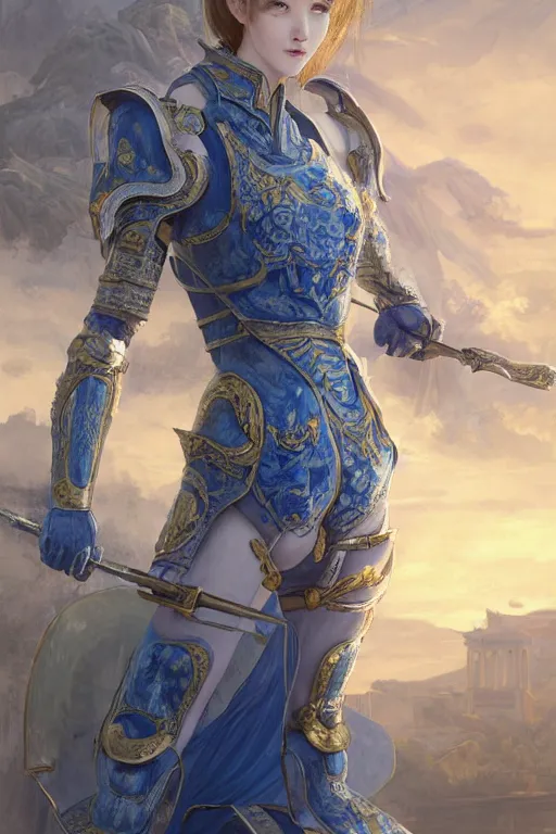 Image similar to portrait knights of Zodiac girl, Chinese Blue and white porcelain reflected armor, in ruined Agora of Athens sunrise, ssci-fi, fantasy, intricate, very very beautiful, elegant, golden light, highly detailed, digital painting, artstation, concept art, smooth, sharp focus, illustration, art by tian zi and WLOP and alphonse mucha