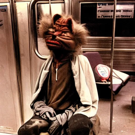 Prompt: homeless lord beerus, 1980s new york subway