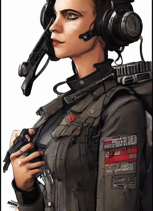 Image similar to Beautiful Sophia. gorgeous female cyberpunk mercenary wearing a cyberpunk headset, military vest, and jumpsuit. Gorgeous face. Concept art by Sherree Valintine Daines, James Gurney, and Laurie Greasley. Industrial setting. ArtstationHQ. Creative character design for cyberpunk 2077.