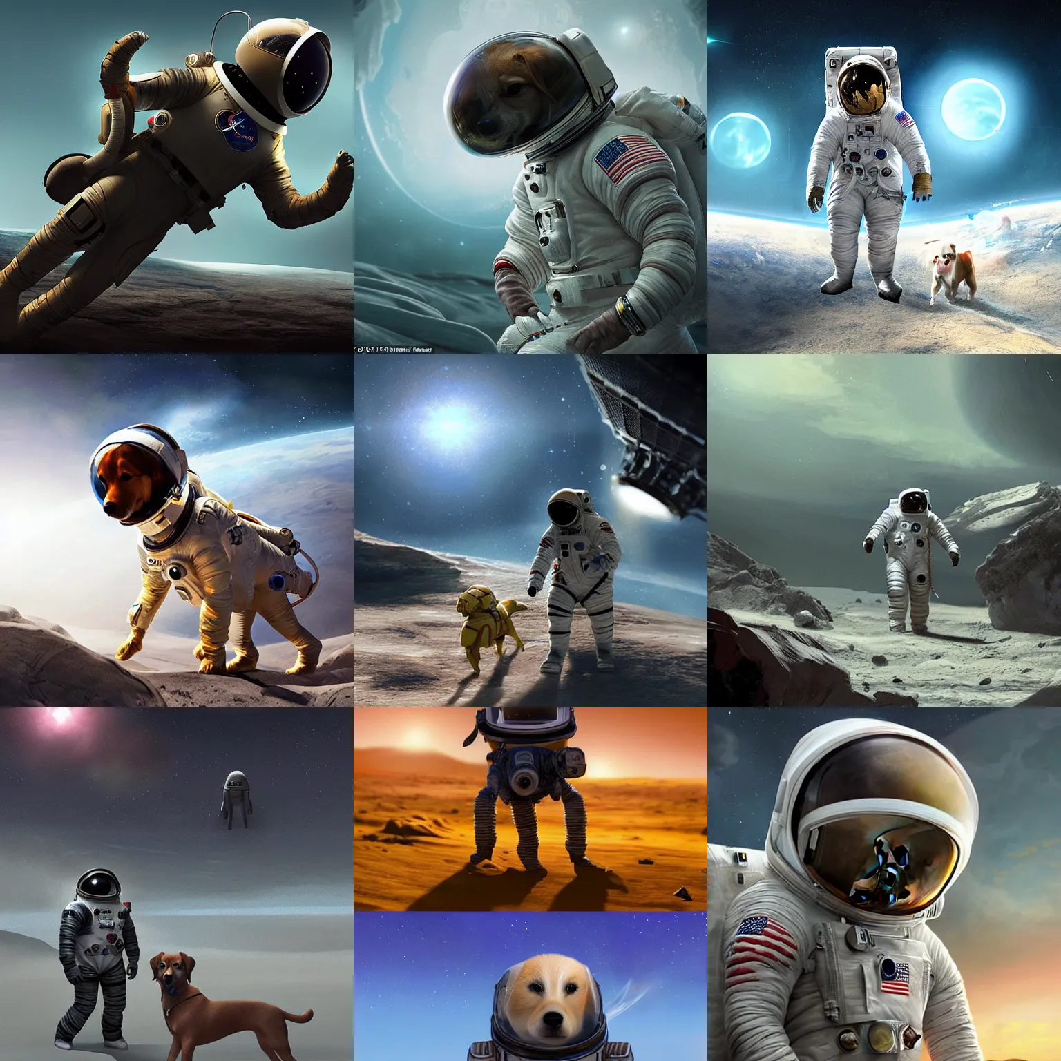 Prompt: Astronaut explores surface of alien planet with dog wearing a spacesuit, digital concept art, cinematic lighting