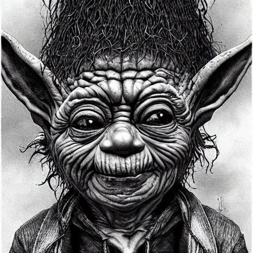 Image similar to horror goblin yoda, black blood dripping, creepy background, by john kenn mortensen and zdizslaw beksinski