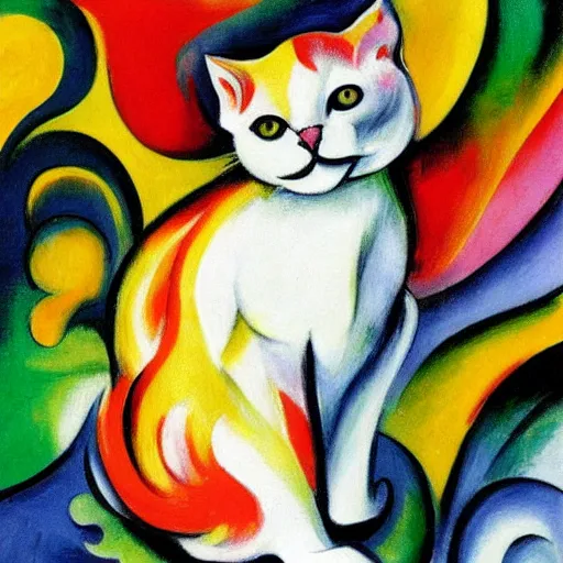 Prompt: white cat by franz marc, in the style of, louis wain, background vibrant, coloured, mystical swirls, full hd
