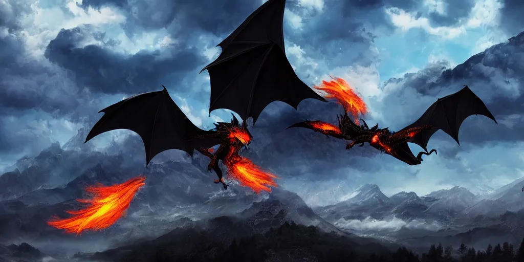 Image similar to a powerful flying black fire Dragon spitting fire, fighting against a strong Wizard which spells lightning strikes in the foreground, big Mountains and wide forrests with trees are in the Background, stormy weather at night ,cinematic Style, hyperrealistic, artstation