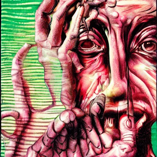 Image similar to Graphic Illustration, Creative Design, Human Fingers, Biopunk, Body horror, by Francis Bacon, Hunter S Thompson