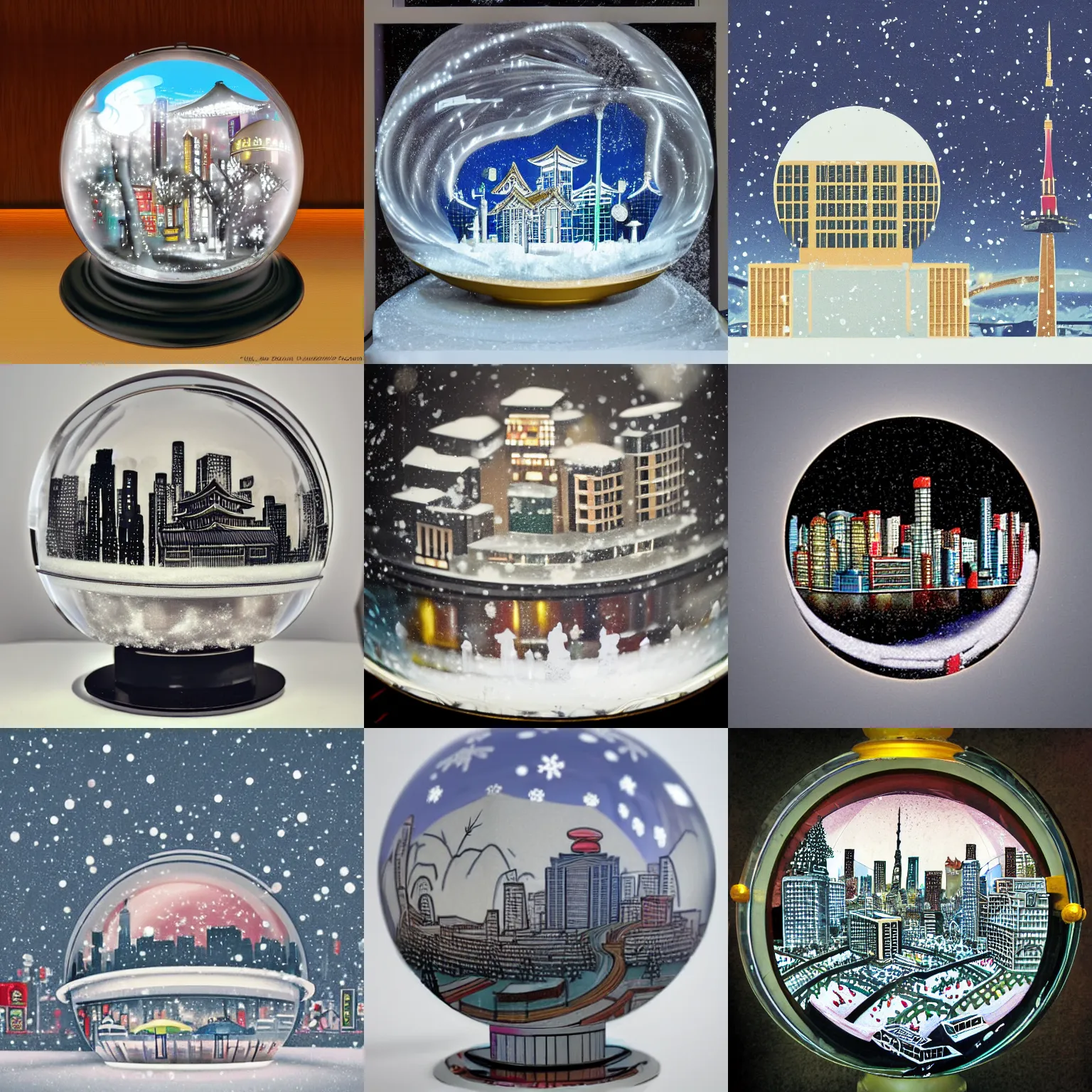 Prompt: city of Tokyo inside a snow globe in art deco style