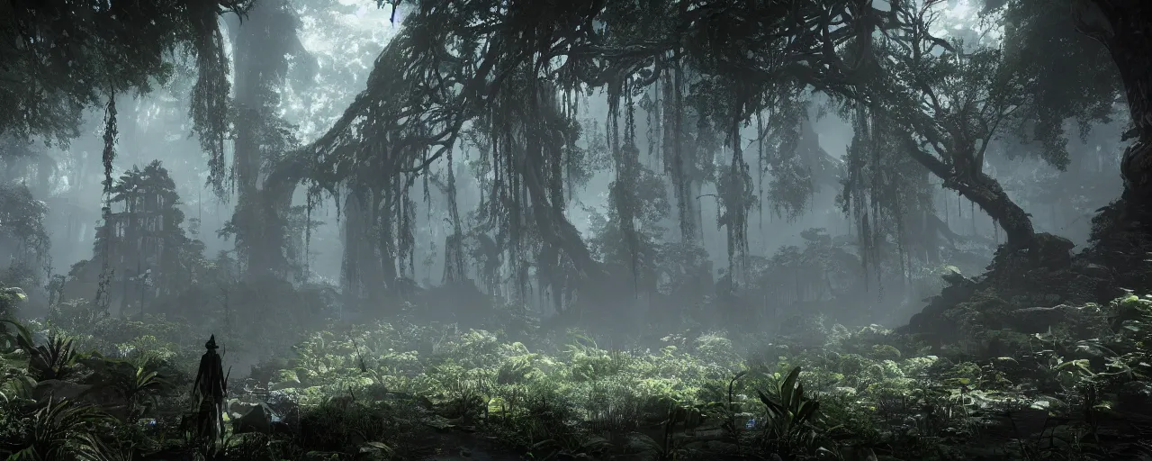 Image similar to a stunning wide shot view of a mythical rainforest, screenshot from bloodborne