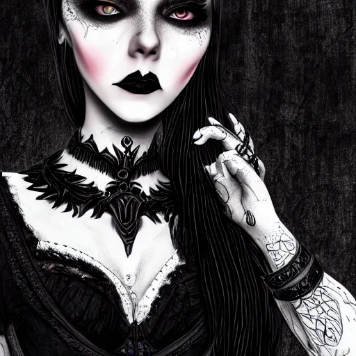 Image similar to a gothic female, wearing black lipstick and a black skirt, full body, highly detailed digital art, intricate drawing, extremely detailed face, beautiful face, beautiful aesthetic face, 8 k resolution, realistic fantasy