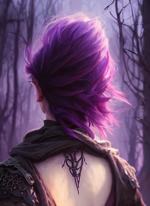 Prompt: back portrait rugged girl, adventurer outfit large cloak, fantasy forest landscape, dragon scales, fantasy magic, undercut hairstyle, short purple black fade hair, dark light night, intricate, elegant, sharp focus, illustration, highly detailed, digital painting, concept art, matte, art by wlop and artgerm and greg rutkowski and alphonse mucha, masterpiece