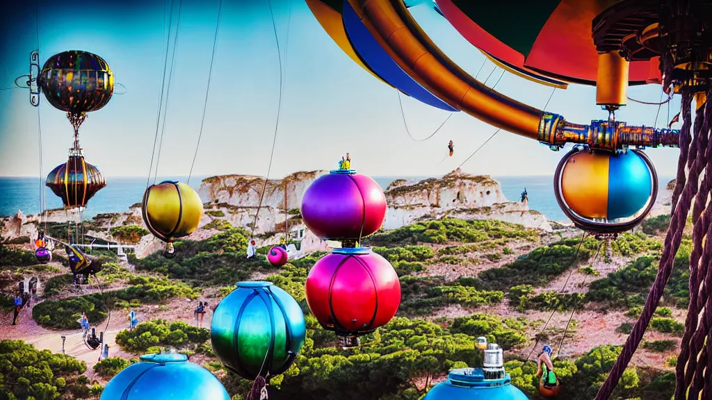 Prompt: large colorful futuristic space age metallic steampunk steam - powered balloons with pipework and electrical wiring around the outside, and people on rope swings underneath, flying high over the beautiful ibiza landscape, professional photography, 8 0 mm telephoto lens, realistic, detailed, photorealistic, photojournalism