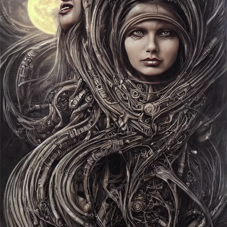Image similar to beautiful biomechanical moon goddess, flowing hair, intense stare, sweet smile, concept art, realistic oil painting by h. r giger,