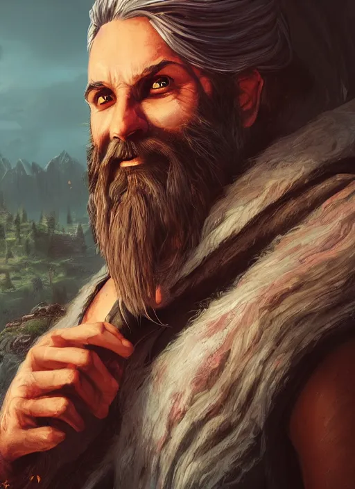 Image similar to A comic book style portrait painting of a wizard with a beard in a stunning fantasy landscape, unreal 5, DAZ, hyperrealistic, octane render, RPG portrait, dynamic lighting