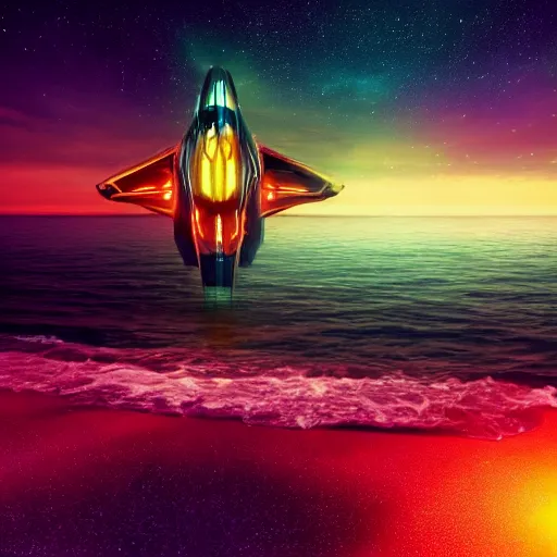 Image similar to a giant glowing spaceship floating in the ocean, an old soul standing on the beach overlooking, colorful sky with many stars, hyper realistic, epic lighting, rending on artstation