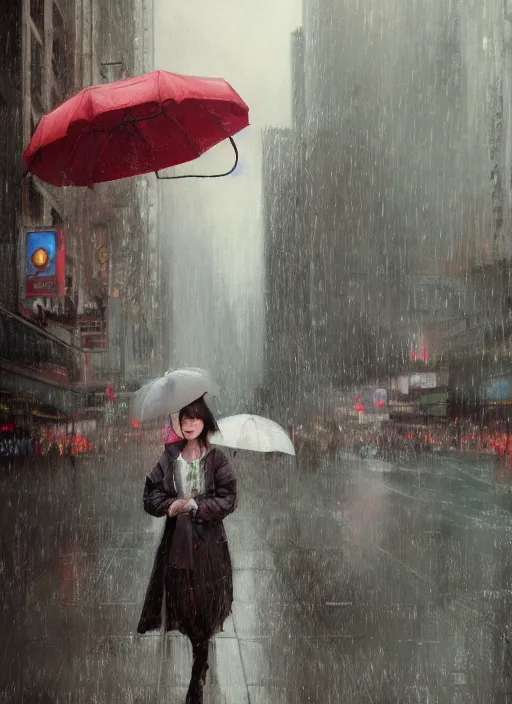 Image similar to a beautiful young korean teenager girl, floating above commuters holding umbrellas, downtown gangnam seoul korea, during rainy day, traffic by jeremy mann and alphonse mucha, photo realistic, dynamic lighting, windy, artstation, poster, dreamy, volumetric lighting, ethereal, 4 k, high detail