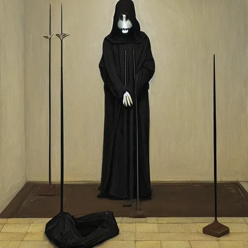 Image similar to the grim reaper standing stoic in black robe, holding scythe, waiting patiently, in a museum with paintings and people, perfect composition, by edmond leighton, simon stalenhag