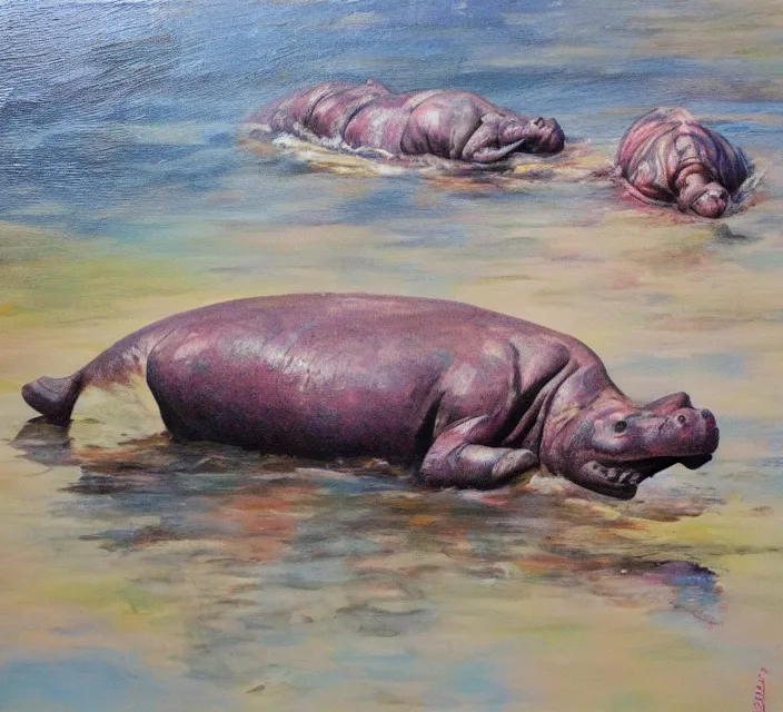 Image similar to a shallows with hippopotamuses. in a neo - figurative art style. using action painting.