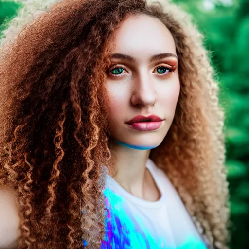 Prompt: selfie of a young woman, wearing a translucent and iridescent jacket over a tank top, curly long hair, caucasian, sigma 85mm f/1.4, 4k, depth of field, high resolution, 4k, 8k, hd, full color