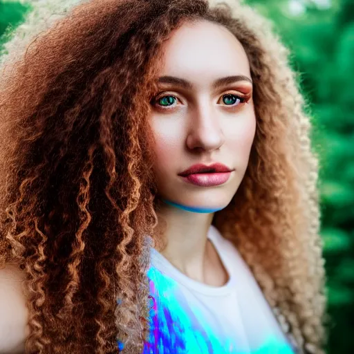 Image similar to selfie of a young woman, wearing a translucent and iridescent jacket over a tank top, curly long hair, caucasian, sigma 85mm f/1.4, 4k, depth of field, high resolution, 4k, 8k, hd, full color