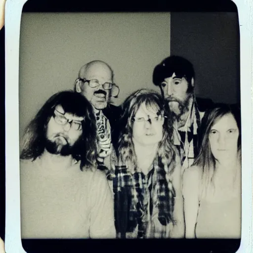 Prompt: a found polaroid photo of hippie trash humpers in the backrooms