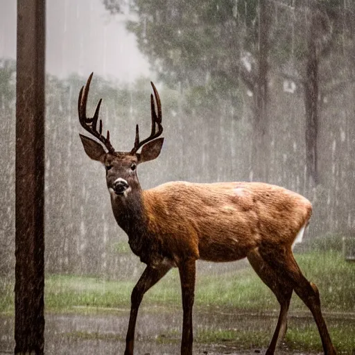 Prompt: 4 k hdr wide angle detailed portrait of a deer as a human instagram model soaking wet standing in the rain shower during a storm with thunder clouds overhead and moody stormy lighting sony a 7