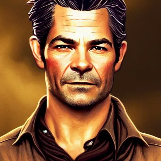 Image similar to A combination of Timothy Olyphant's and Orlando Bloom's and Chris Pine's faces as Nathan Drake, western, D&D, fantasy, intricate, elegant, highly detailed, digital painting, artstation, concept art, matte, sharp focus, illustration, art by Artgerm and Greg Rutkowski and Alphonse Mucha